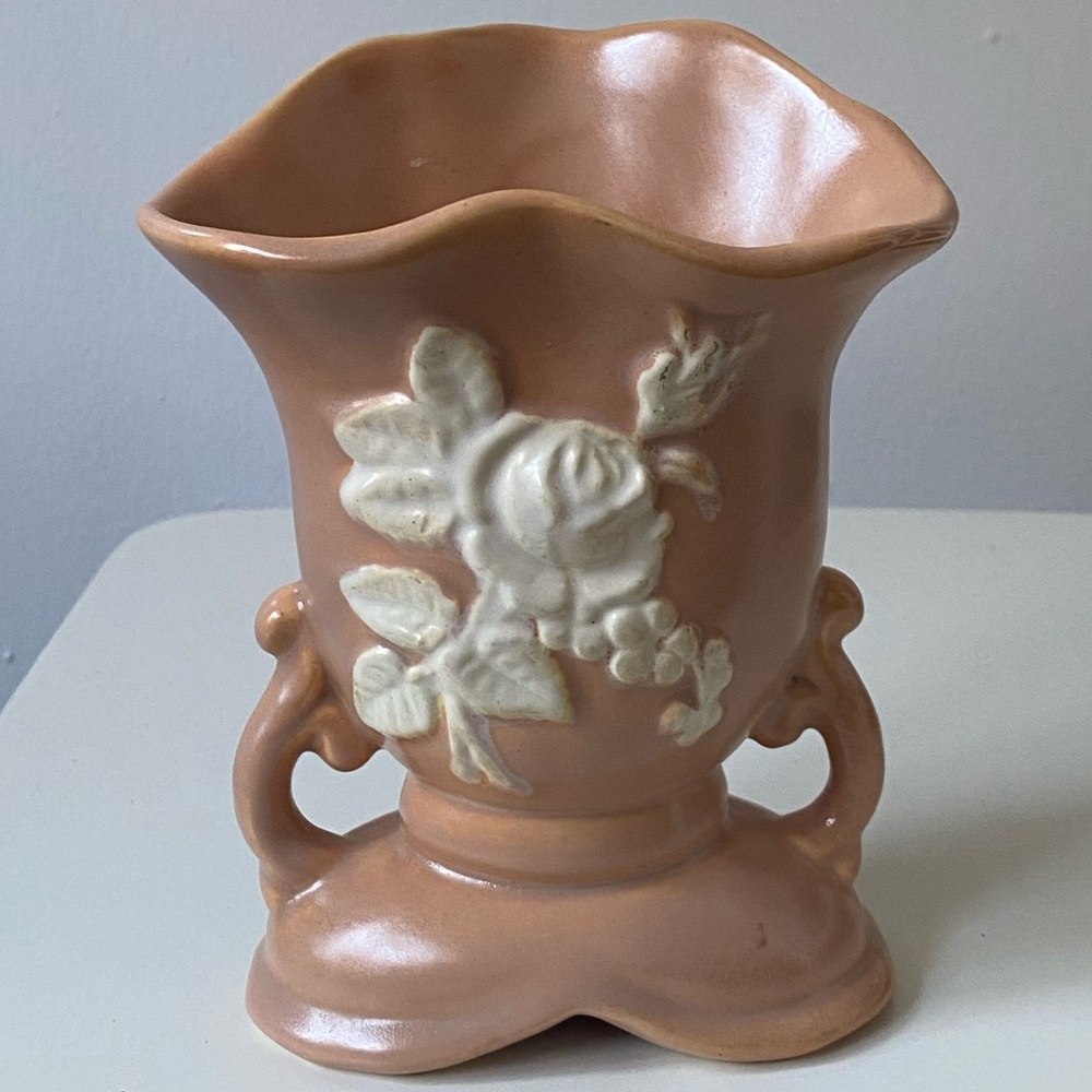Vintage Weller Pottery Peach Cameo Double Handled Vase
